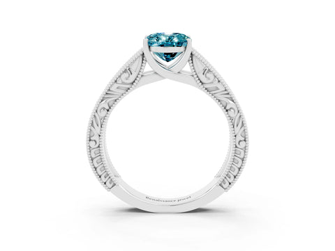 White gold Oval Cut Blue Topaz Solitaire Ring with Engraved Band and Four-Prong Setting_3