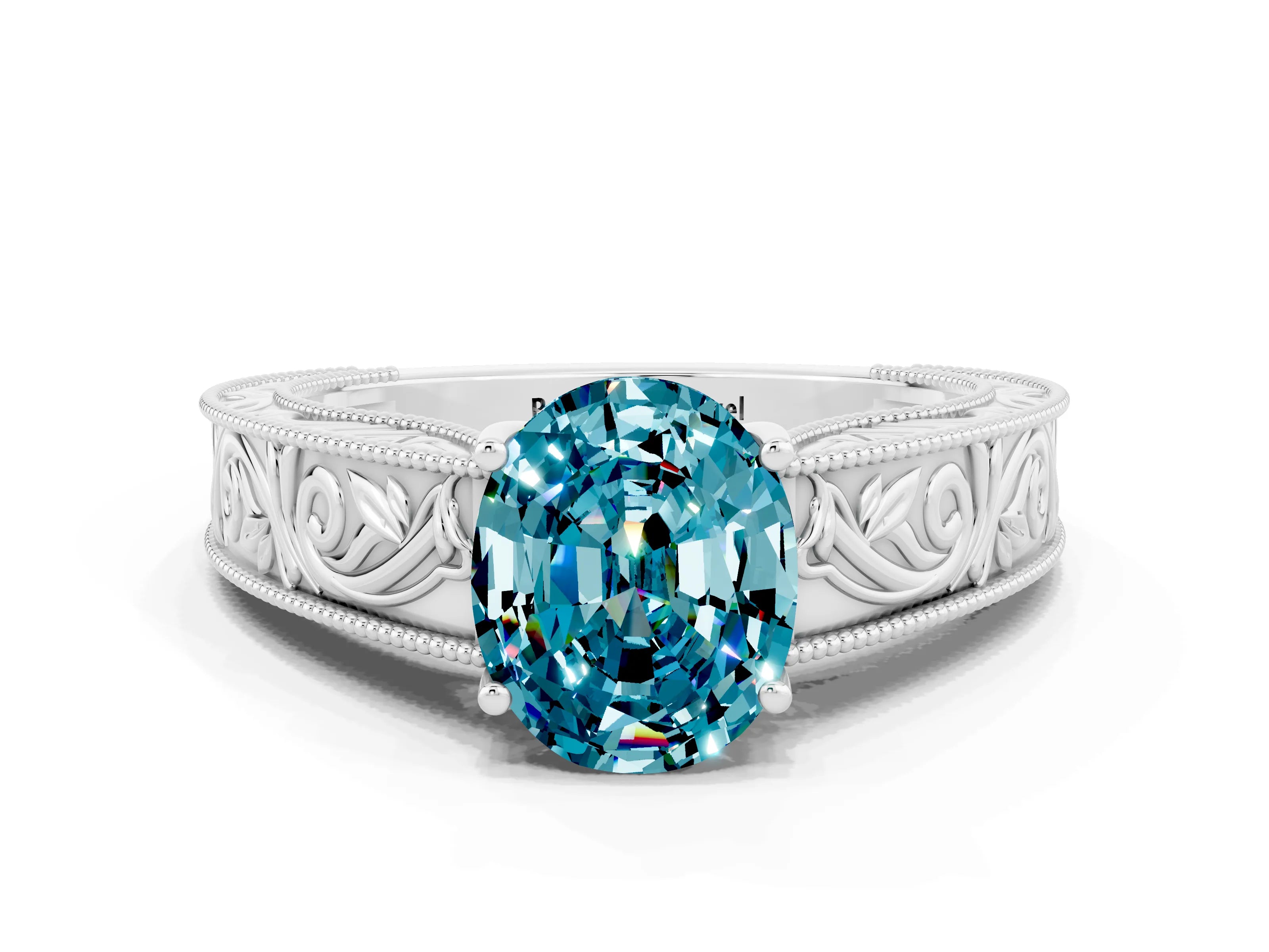 White gold Oval Cut Blue Topaz Solitaire Ring with Engraved Band and Four-Prong Setting