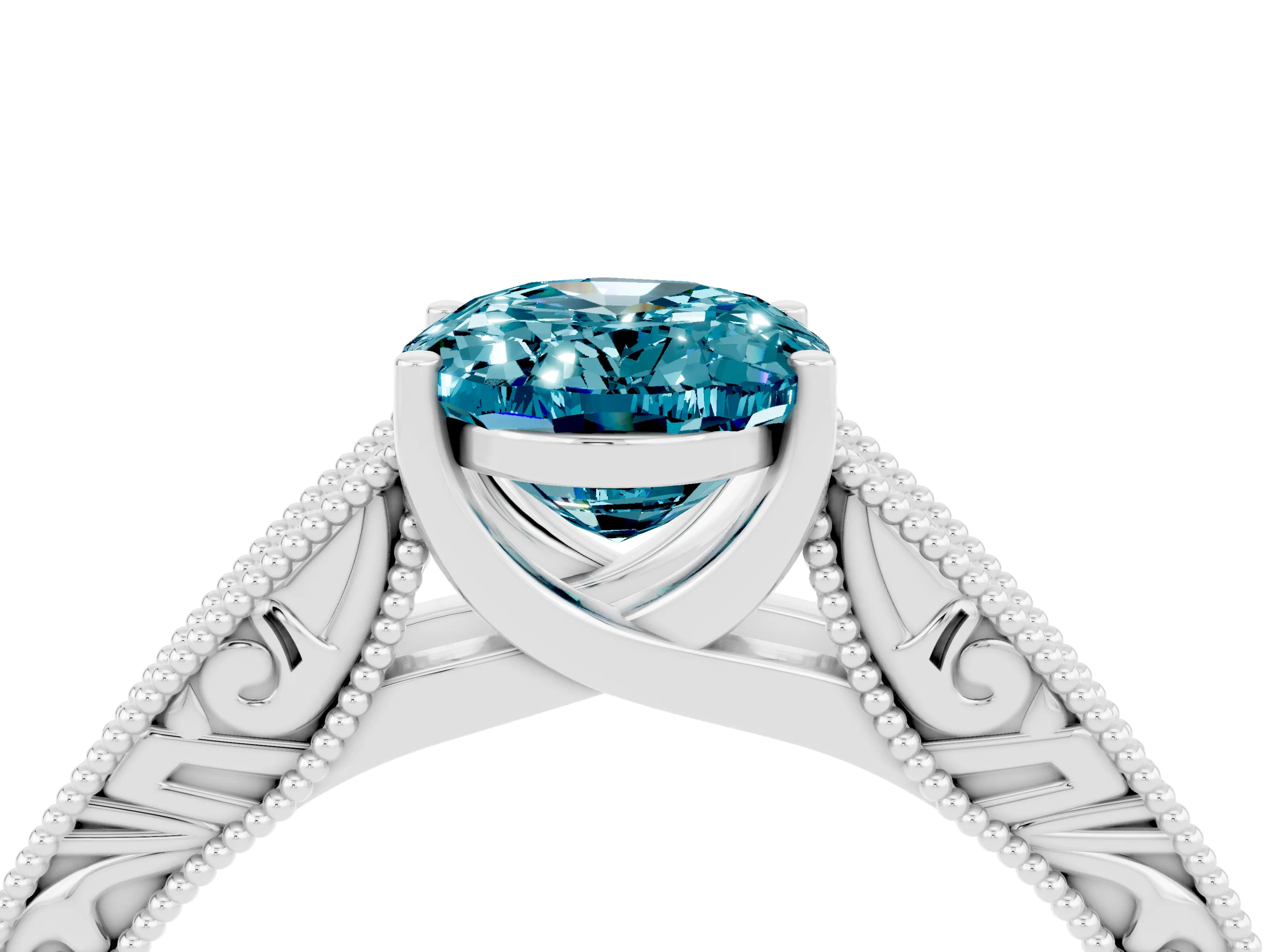 White gold Oval Cut Blue Topaz Solitaire Ring with Engraved Band and Four-Prong Setting_4