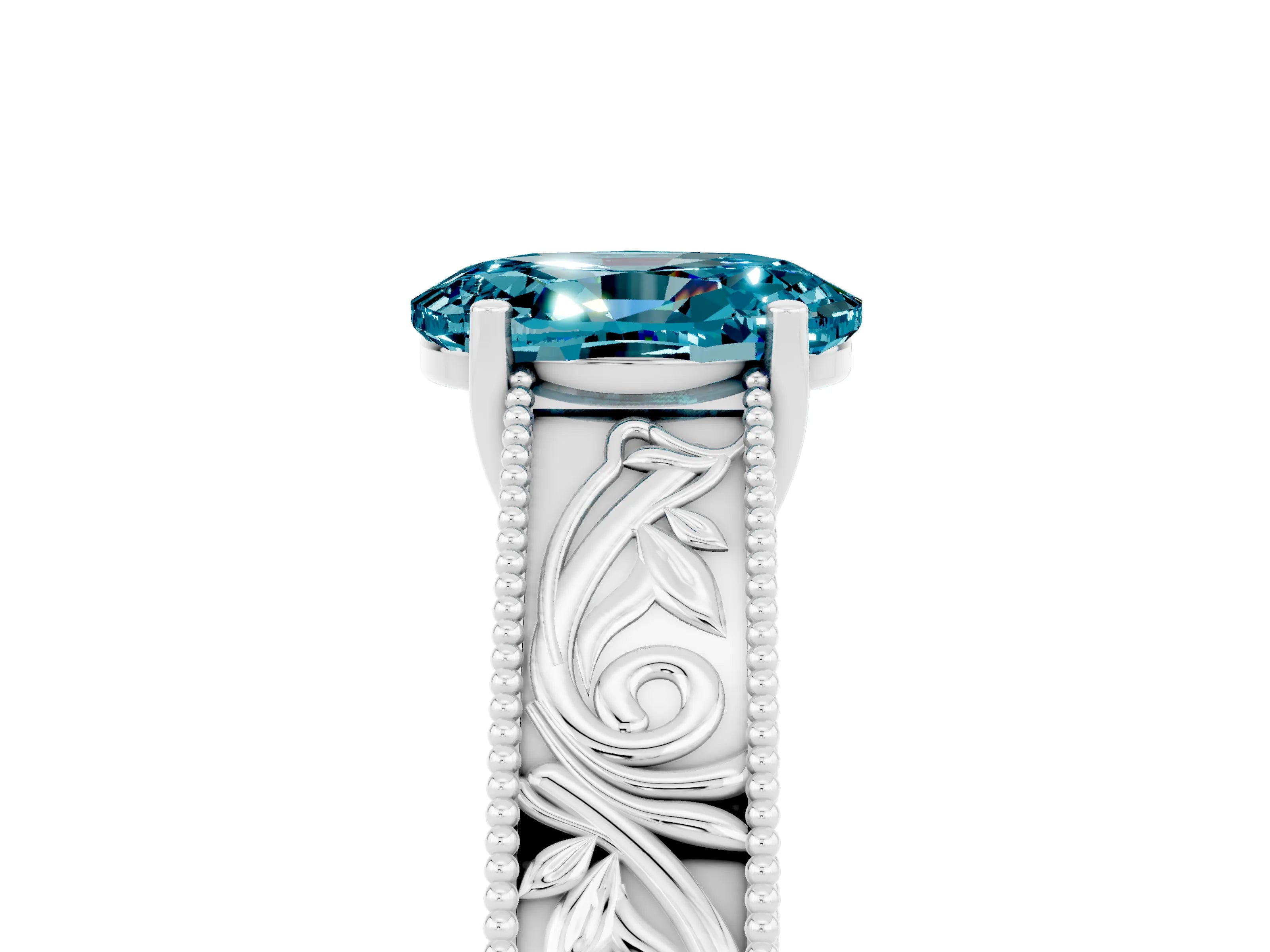 White gold Oval Cut Blue Topaz Solitaire Ring with Engraved Band and Four-Prong Setting_5
