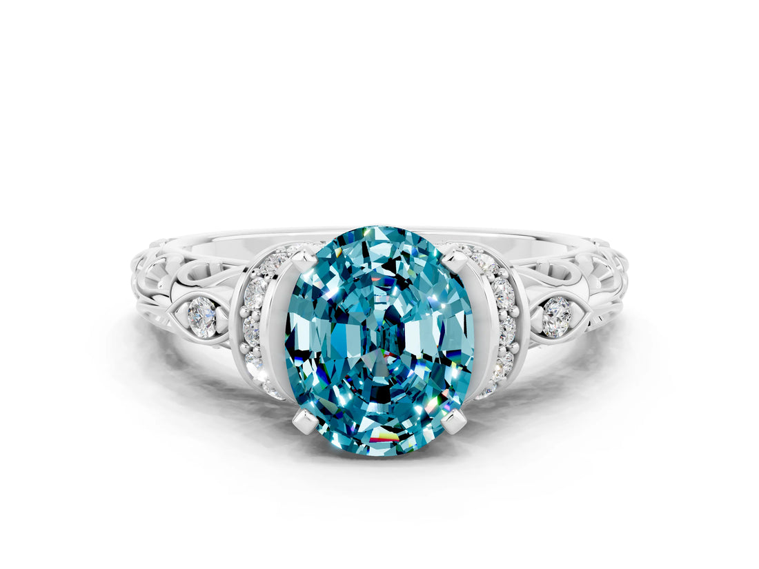 White gold Oval Cut Blue Topaz Solitaire Ring with Filigree Band and Four-Prong Setting_24