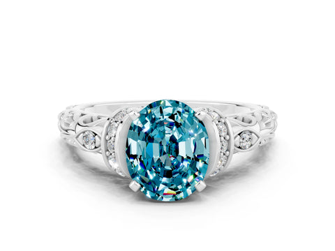 White gold Oval Cut Blue Topaz Solitaire Ring with Filigree Band and Four-Prong Setting_24
