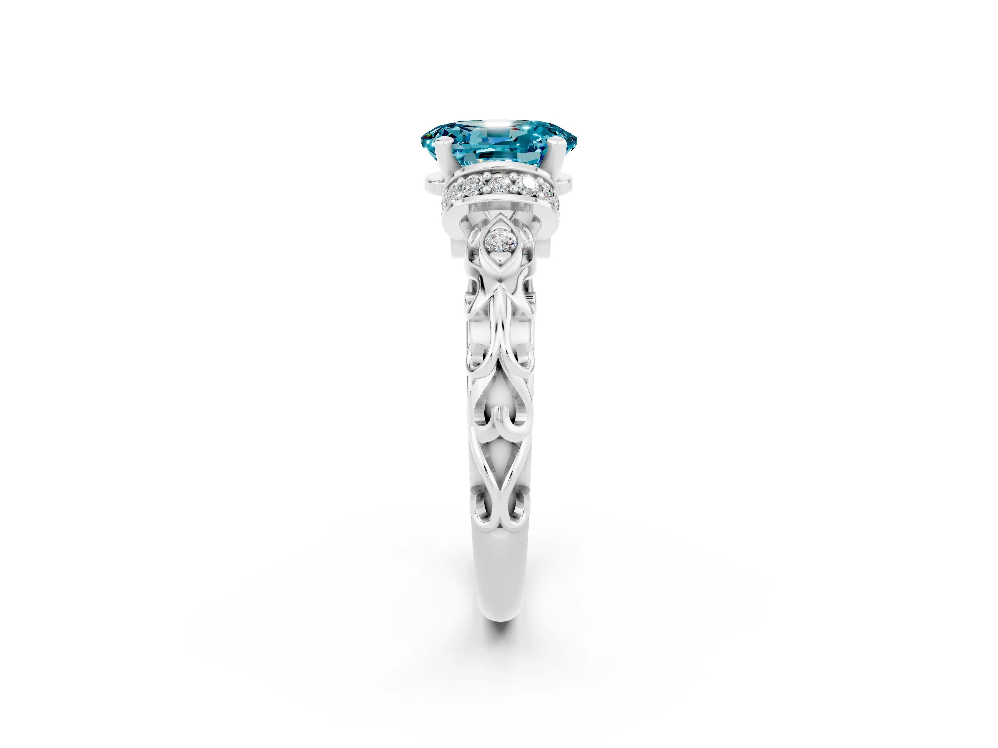 White gold Oval Cut Blue Topaz Solitaire Ring with Filigree Band and Four-Prong Setting_26