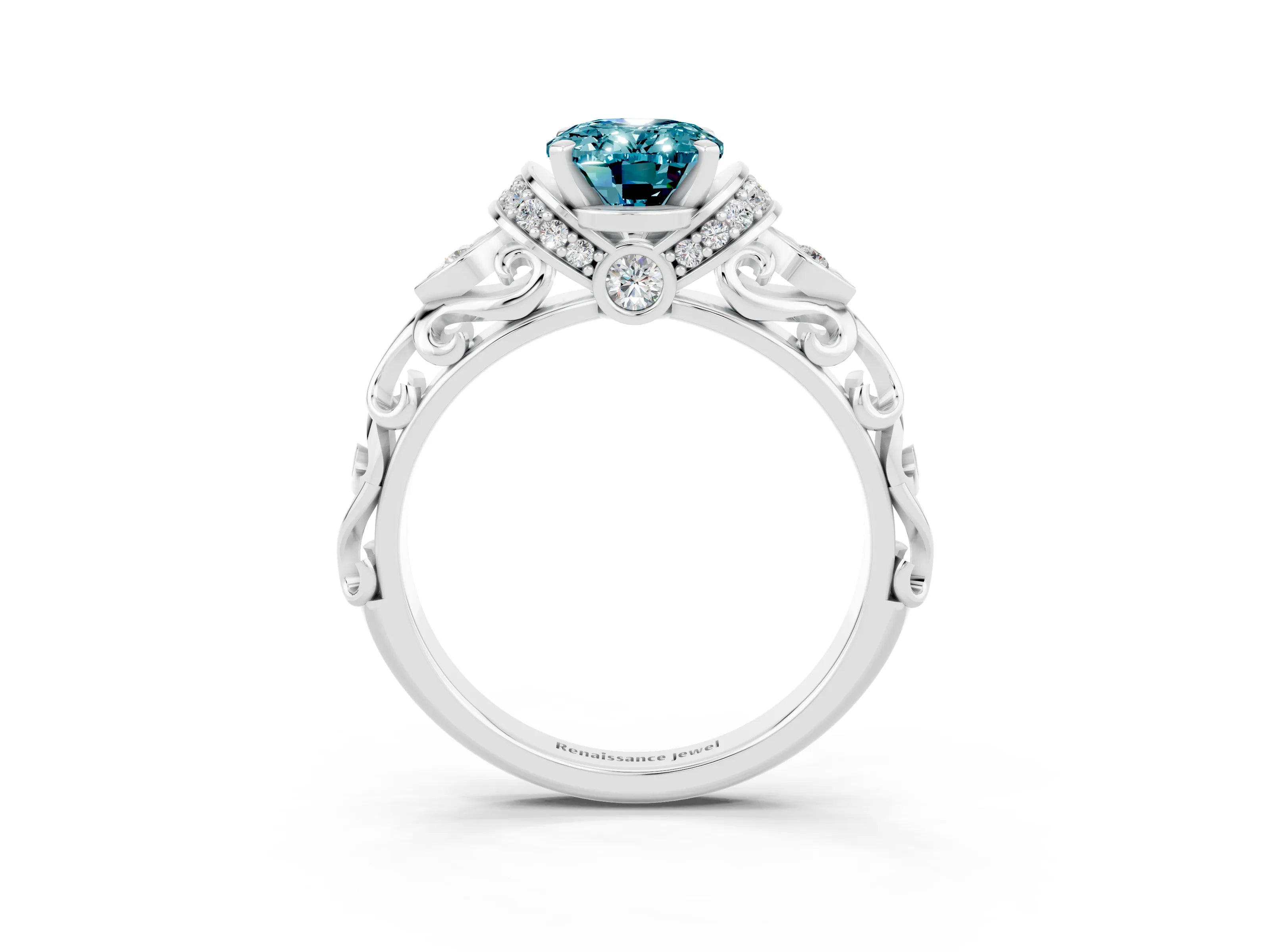White gold Oval Cut Blue Topaz Solitaire Ring with Filigree Band and Four-Prong Setting_27
