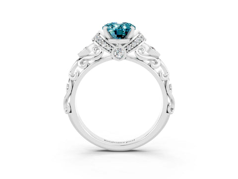 White gold Oval Cut Blue Topaz Solitaire Ring with Filigree Band and Four-Prong Setting_27