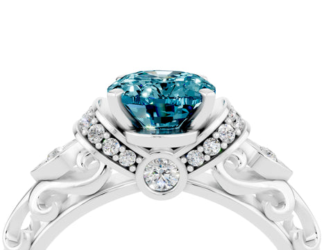 White gold Oval Cut Blue Topaz Solitaire Ring with Filigree Band and Four-Prong Setting_28
