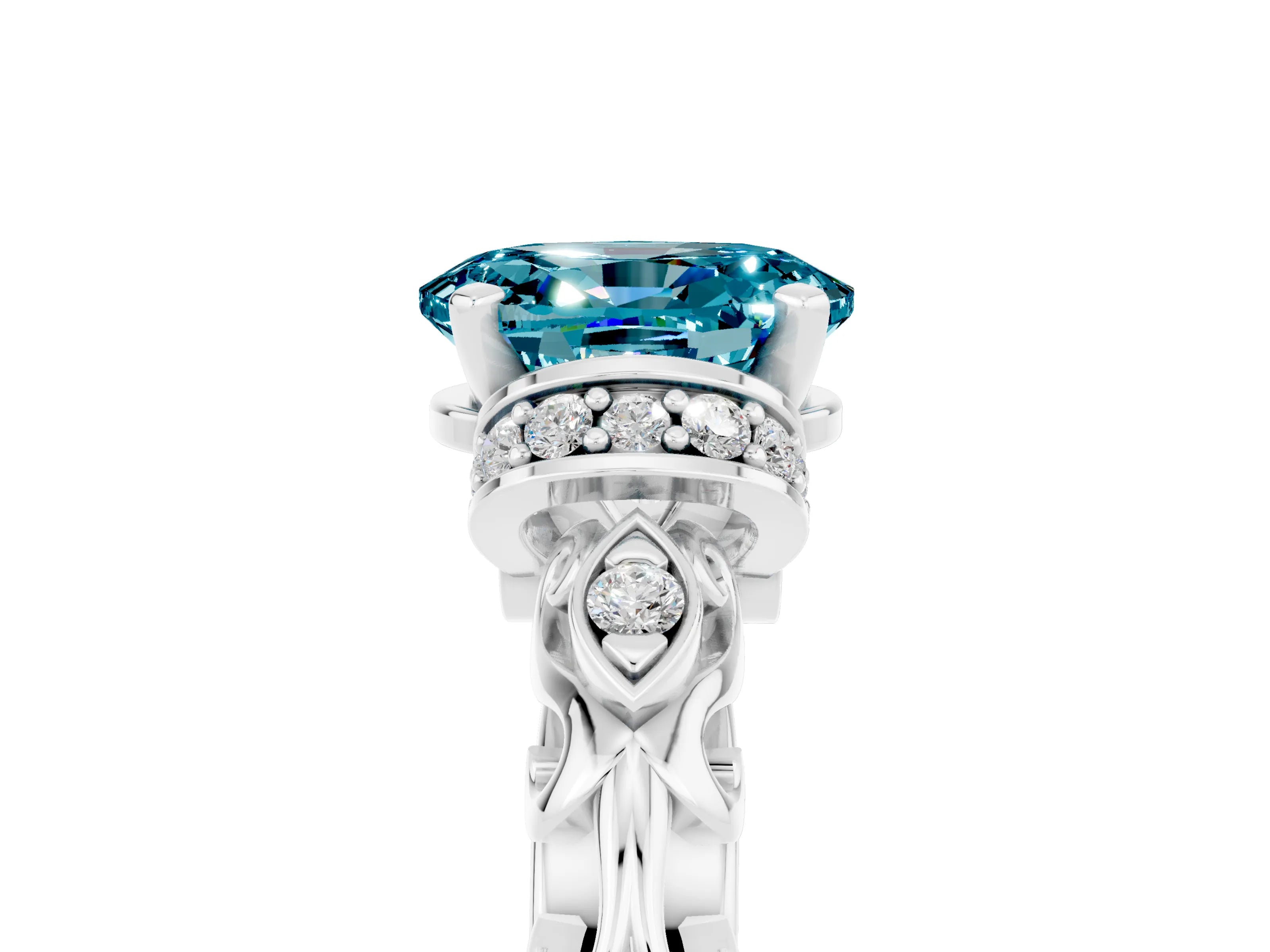 White gold Oval Cut Blue Topaz Solitaire Ring with Filigree Band and Four-Prong Setting_29