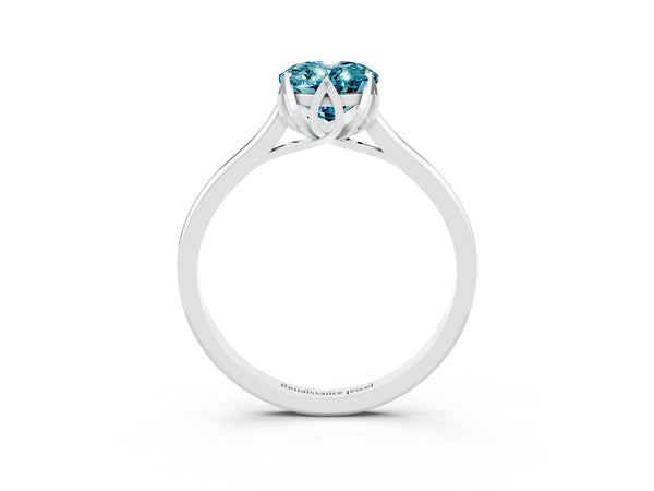 White gold Oval Cut Blue Topaz Solitaire Ring with Flower Prong Setting and Classic Band