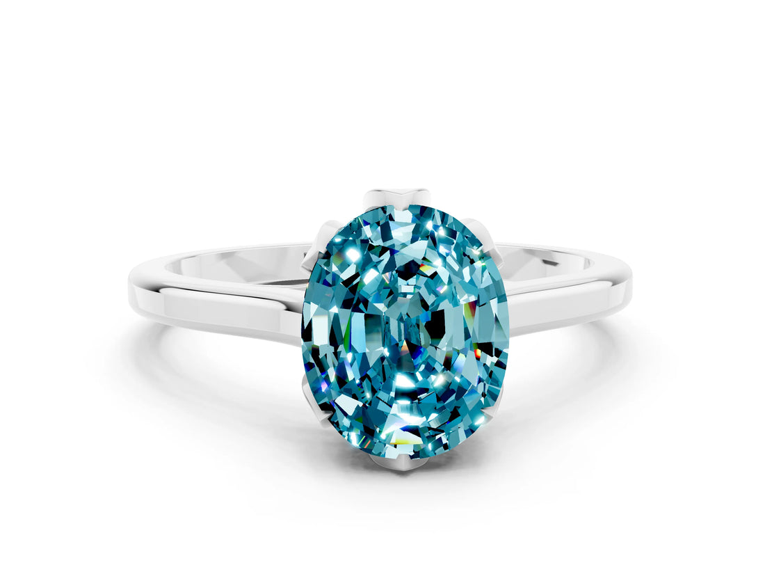 White gold Oval Cut Blue Topaz Solitaire Ring with Flower Prong Setting and Classic Band_48