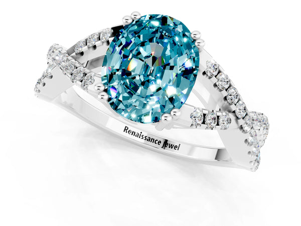 Platinum Oval Cut Blue Topaz Solitaire Ring with Four-Prong Setting and Twisted Pavé Band