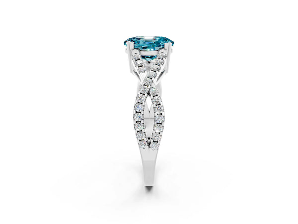 Silver Oval Cut Blue Topaz Solitaire Ring with Four-Prong Setting and Twisted Pavé Band
