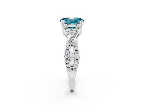 White gold Oval Cut Blue Topaz Solitaire Ring with Four-Prong Setting and Twisted Pavé Band_2