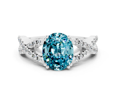 White gold Oval Cut Blue Topaz Solitaire Ring with Four-Prong Setting and Twisted Pavé Band