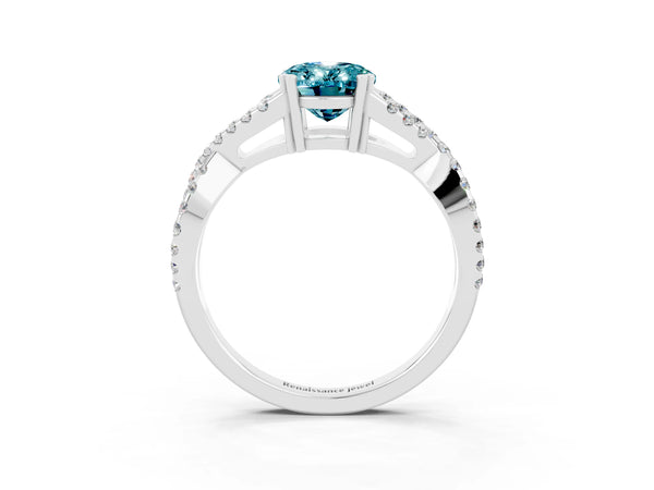 Platinum Oval Cut Blue Topaz Solitaire Ring with Four-Prong Setting and Twisted Pavé Band