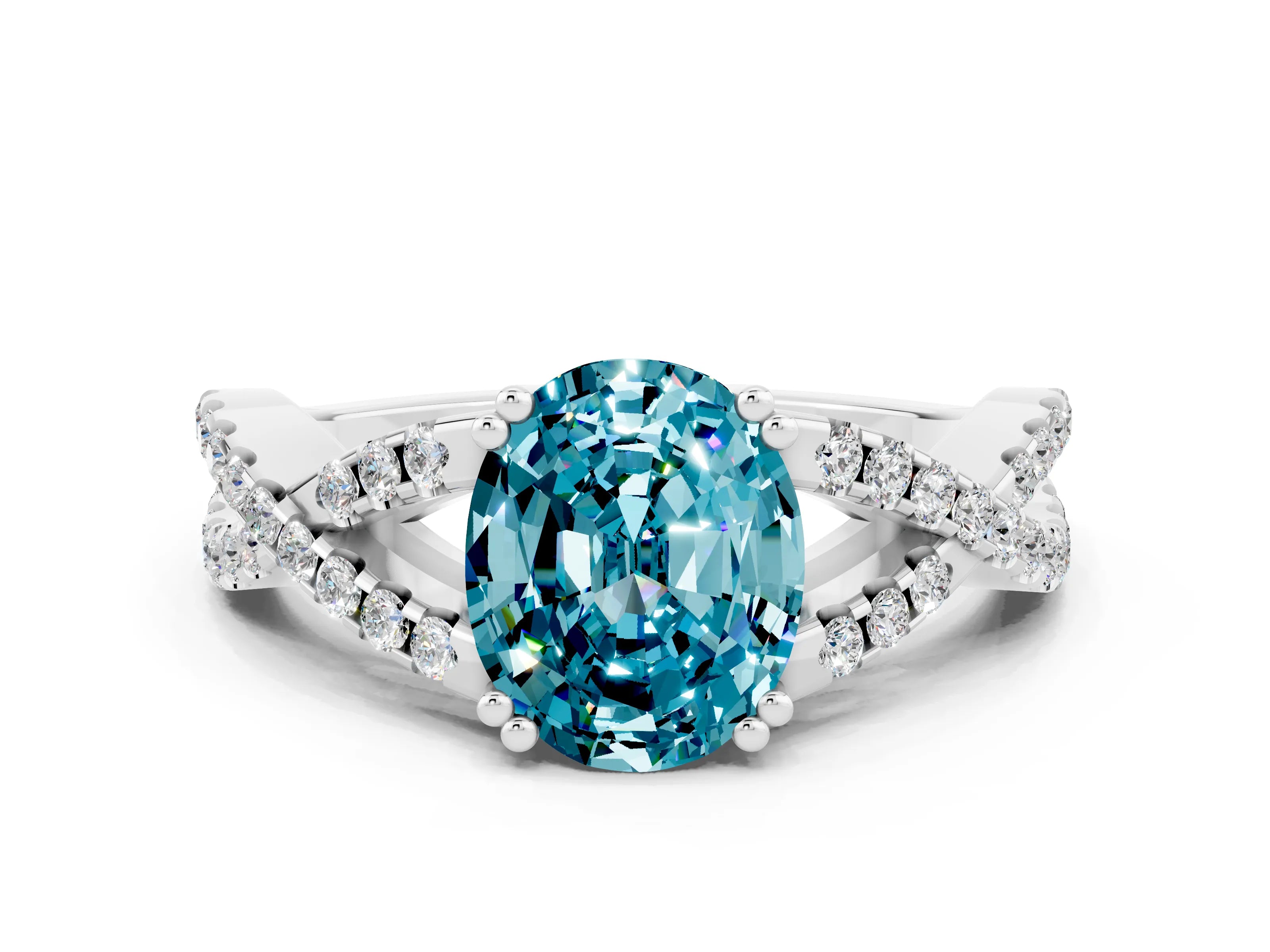 White gold Oval Cut Blue Topaz Solitaire Ring with Four-Prong Setting and Twisted Pavé Band