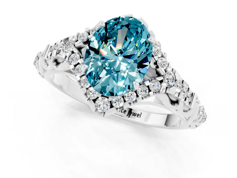 White gold Oval Cut Blue Topaz Solitaire Ring with Hidden Halo and Pavé Band_13