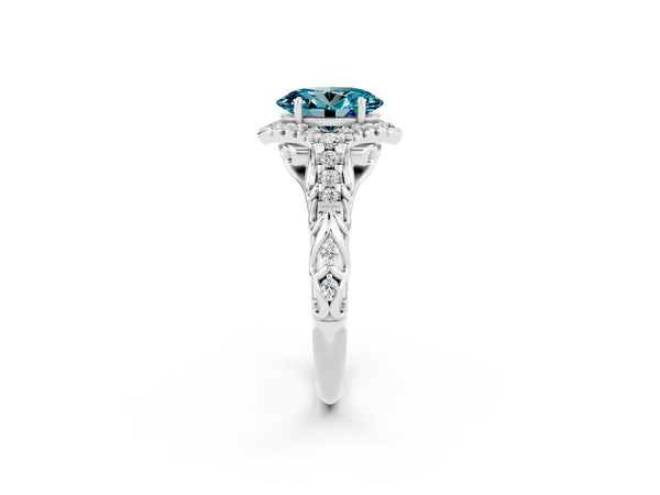 Silver Oval Cut Blue Topaz Solitaire Ring with Hidden Halo and Pavé Band