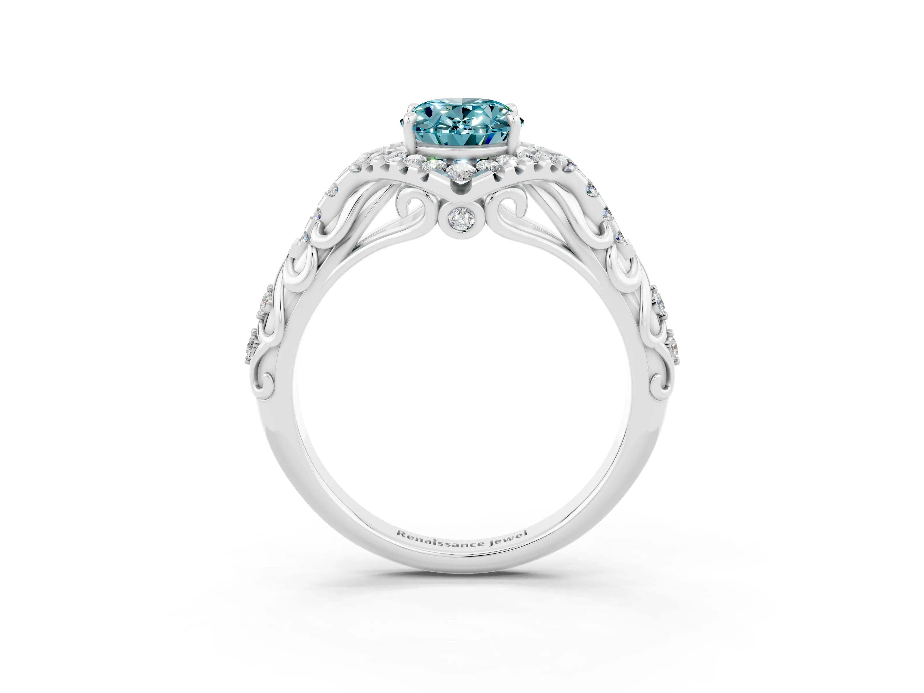 White gold Oval Cut Blue Topaz Solitaire Ring with Hidden Halo and Pavé Band_15