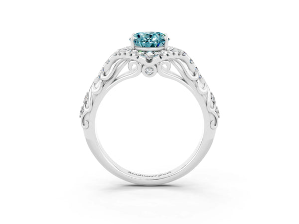 Silver Oval Cut Blue Topaz Solitaire Ring with Hidden Halo and Pavé Band