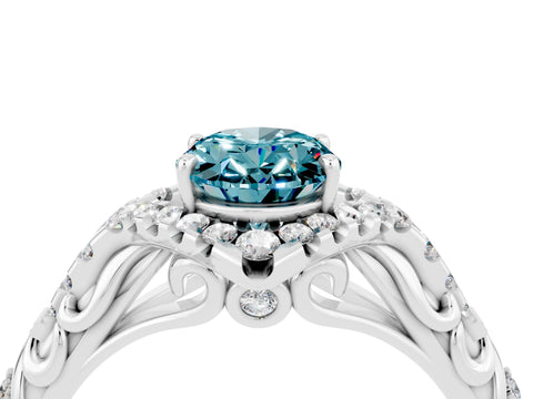 White gold Oval Cut Blue Topaz Solitaire Ring with Hidden Halo and Pavé Band_16