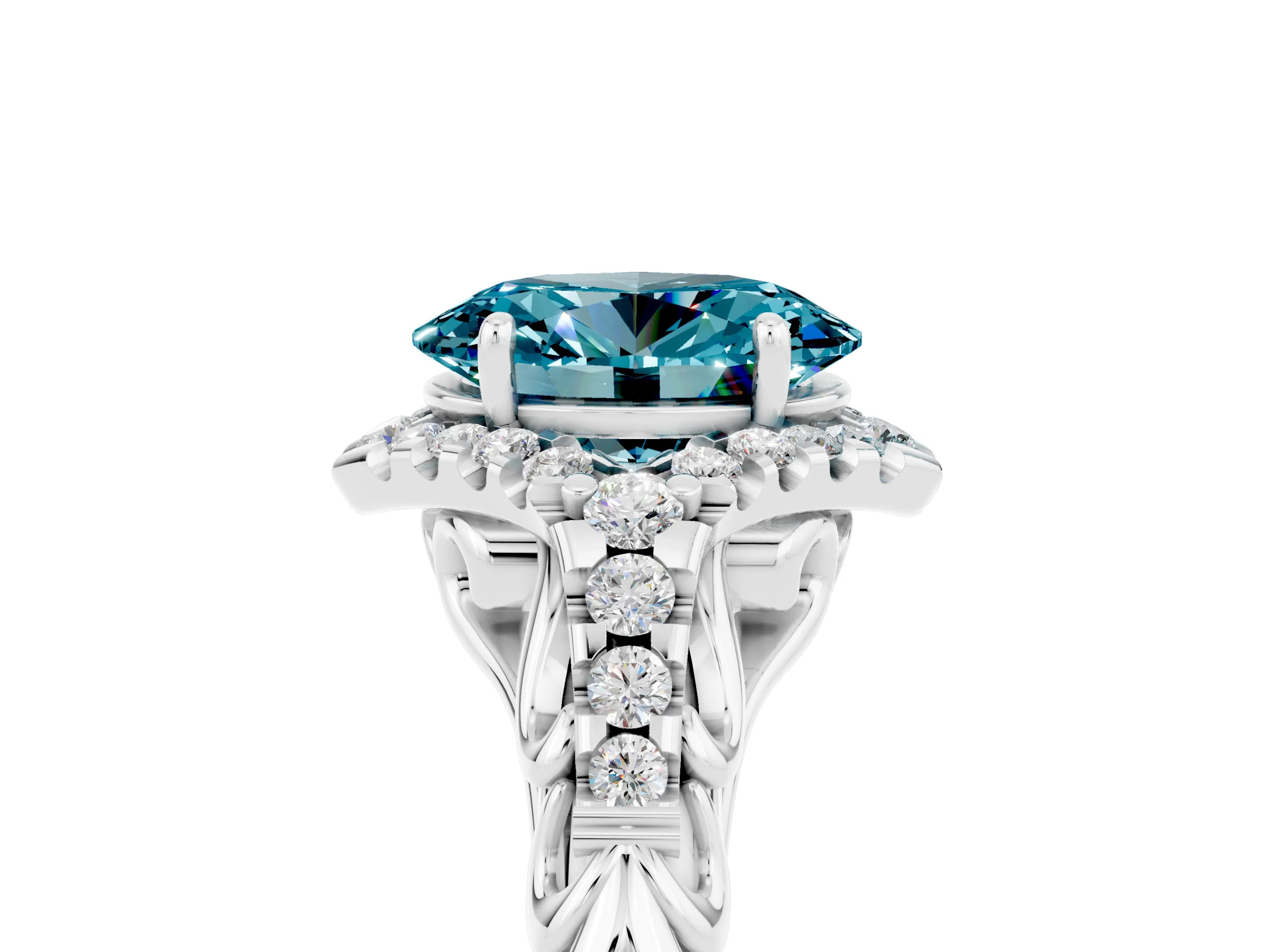 White gold Oval Cut Blue Topaz Solitaire Ring with Hidden Halo and Pavé Band_17
