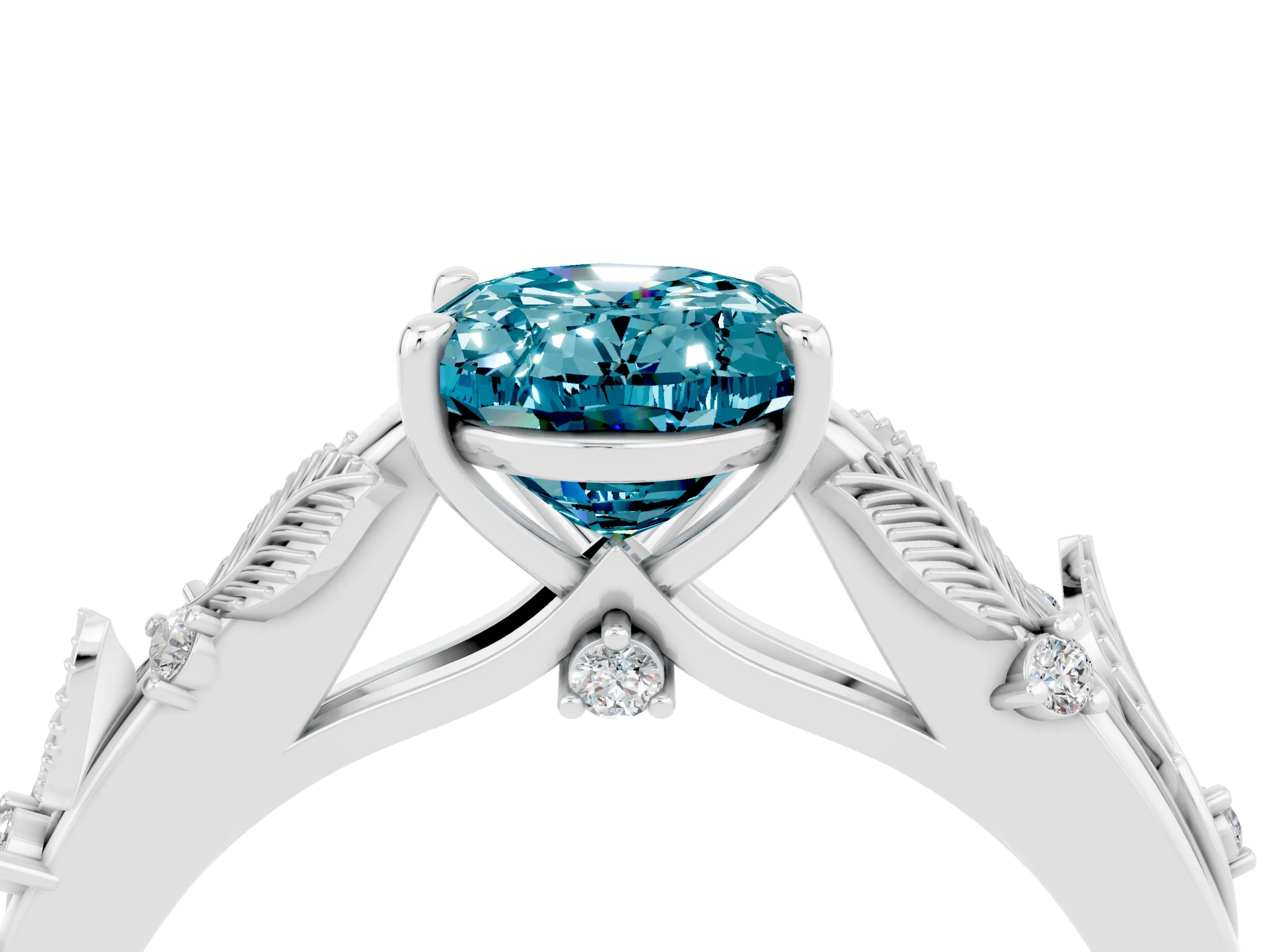 White gold Oval Cut Blue Topaz Solitaire Ring with Leaf Motif Band and Four-Prong Setting_16