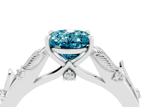 White gold Oval Cut Blue Topaz Solitaire Ring with Leaf Motif Band and Four-Prong Setting_16