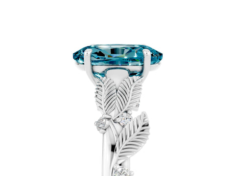 White gold Oval Cut Blue Topaz Solitaire Ring with Leaf Motif Band and Four-Prong Setting_17