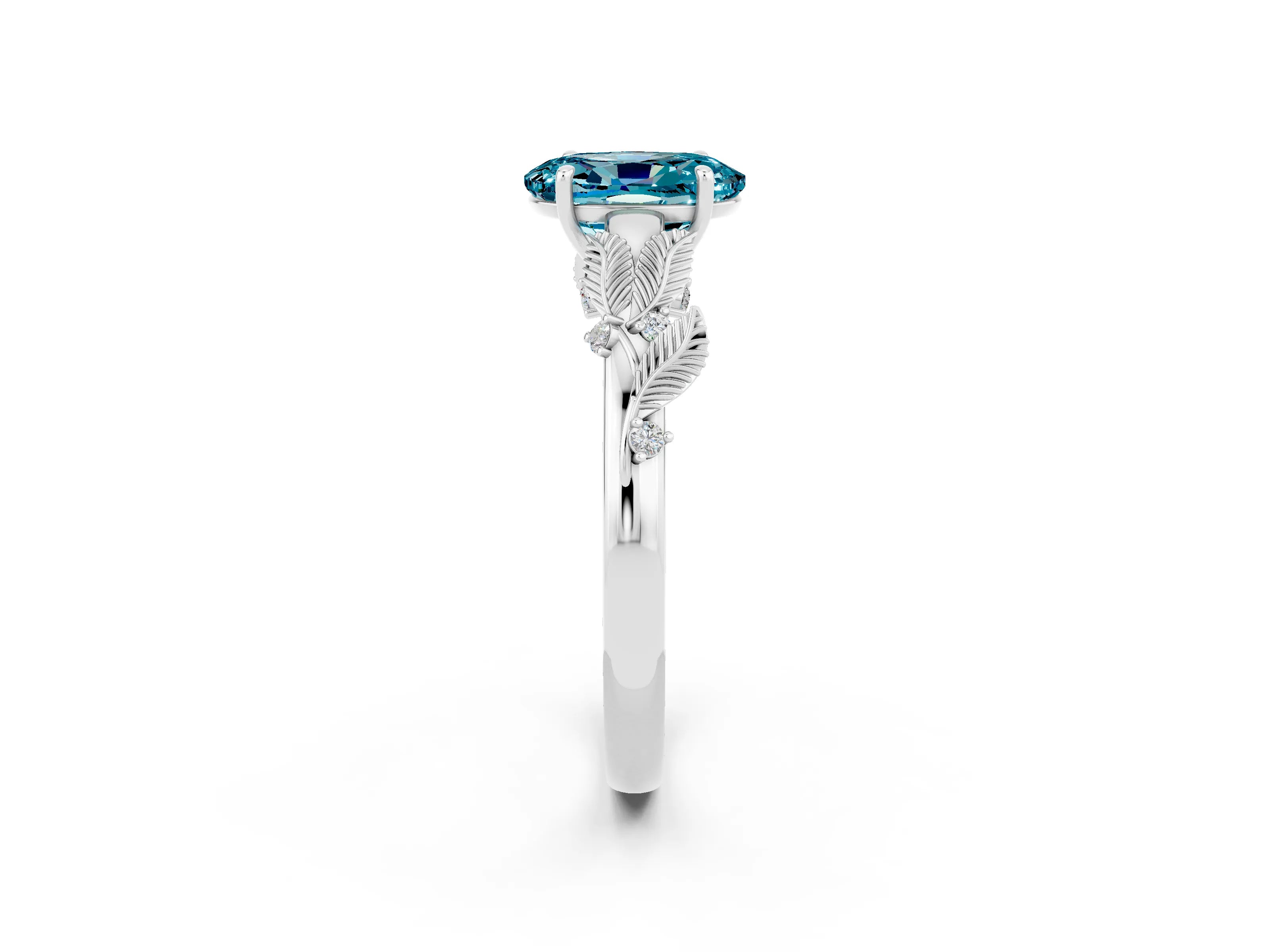 White gold Oval Cut Blue Topaz Solitaire Ring with Leaf Motif Band and Four-Prong Setting_2
