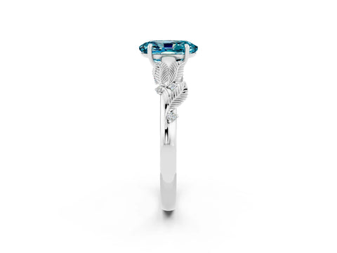 White gold Oval Cut Blue Topaz Solitaire Ring with Leaf Motif Band and Four-Prong Setting_2