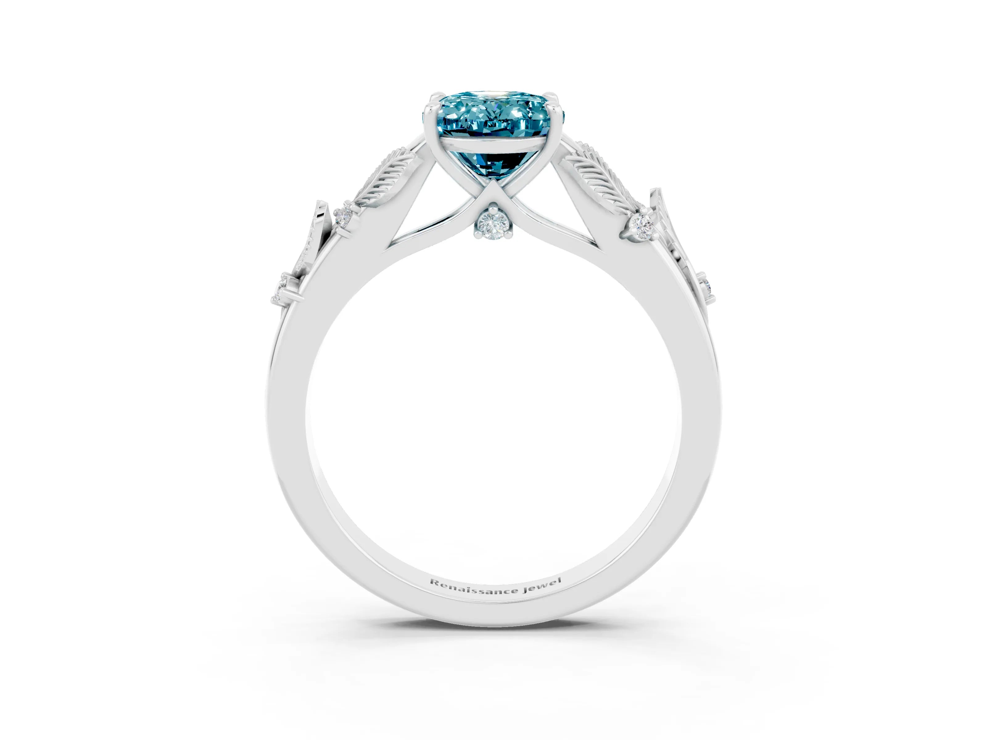 White gold Oval Cut Blue Topaz Solitaire Ring with Leaf Motif Band and Four-Prong Setting_3
