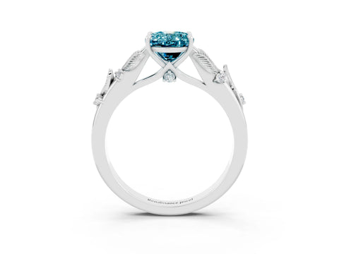 White gold Oval Cut Blue Topaz Solitaire Ring with Leaf Motif Band and Four-Prong Setting_3