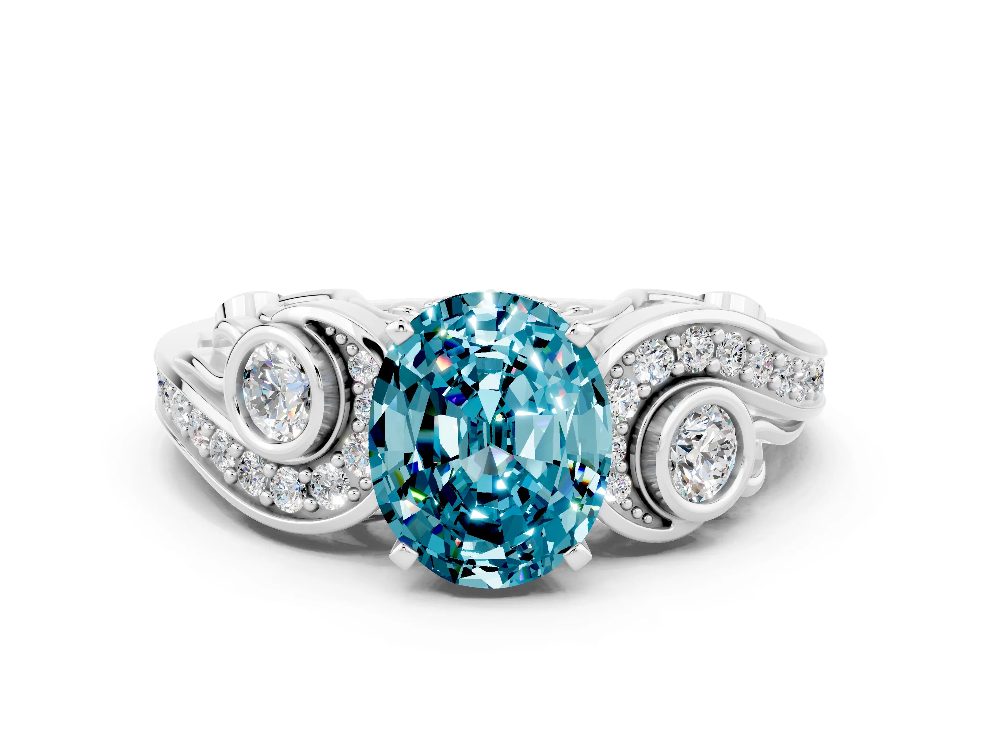 White gold Oval Cut Blue Topaz Solitaire Ring with Milgrain Pavé Band and Four-Prong Setting_12