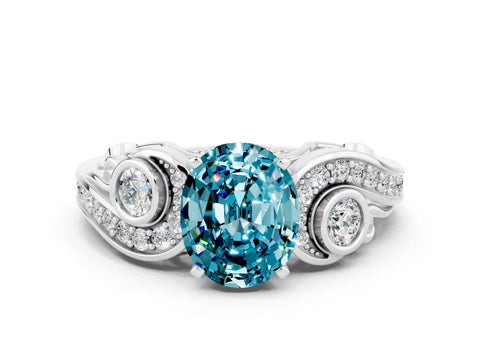 White gold Oval Cut Blue Topaz Solitaire Ring with Milgrain Pavé Band and Four-Prong Setting_12