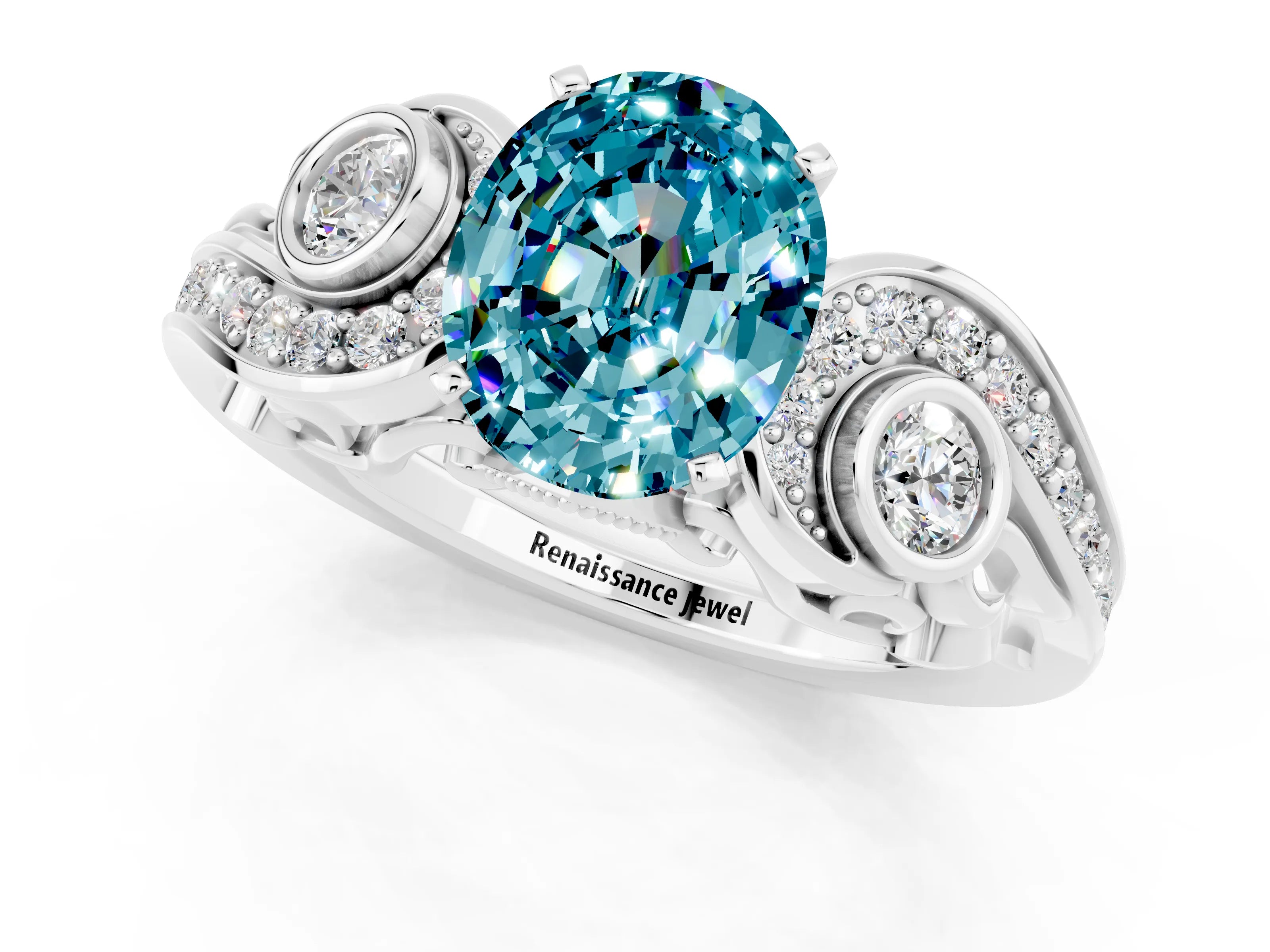 White gold Oval Cut Blue Topaz Solitaire Ring with Milgrain Pavé Band and Four-Prong Setting_13