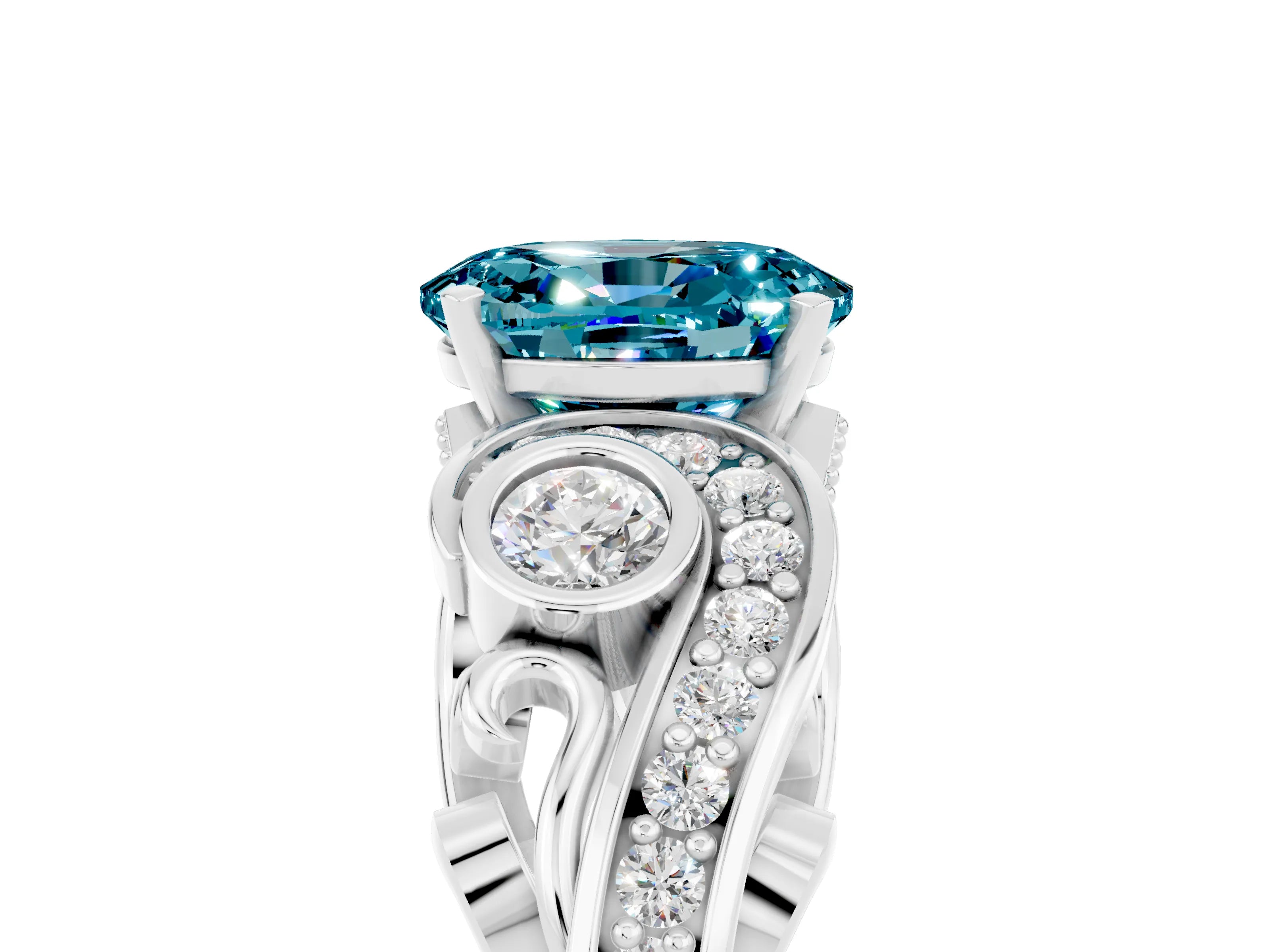 White gold Oval Cut Blue Topaz Solitaire Ring with Milgrain Pavé Band and Four-Prong Setting_17