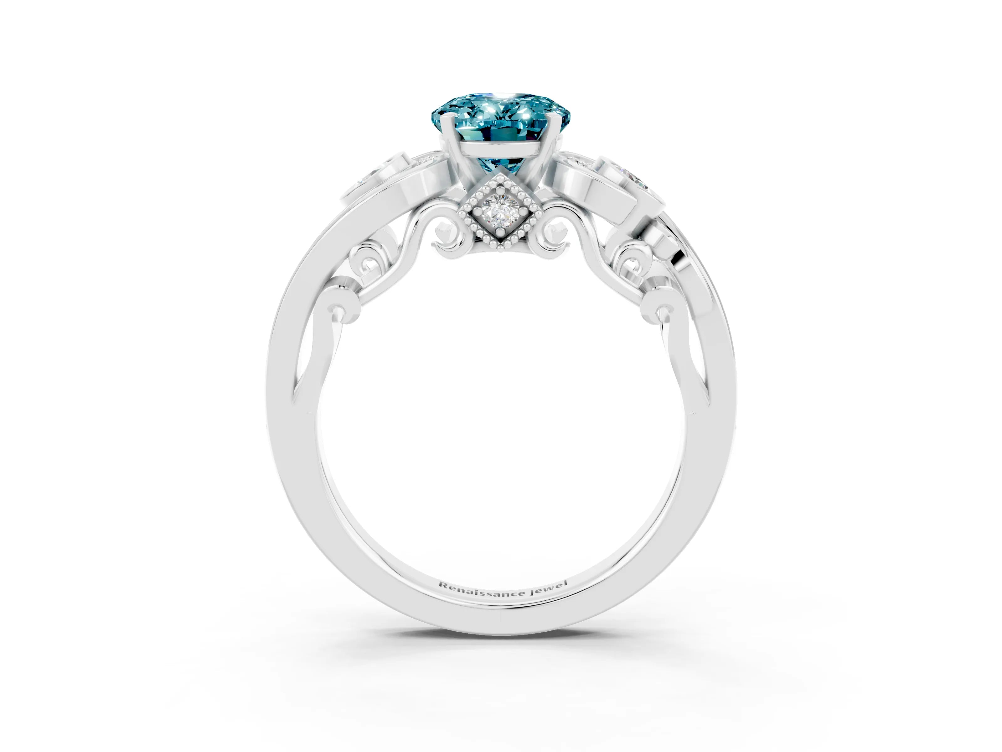 White gold Oval Cut Blue Topaz Solitaire Ring with Milgrain Pavé Band and Four-Prong Setting_51