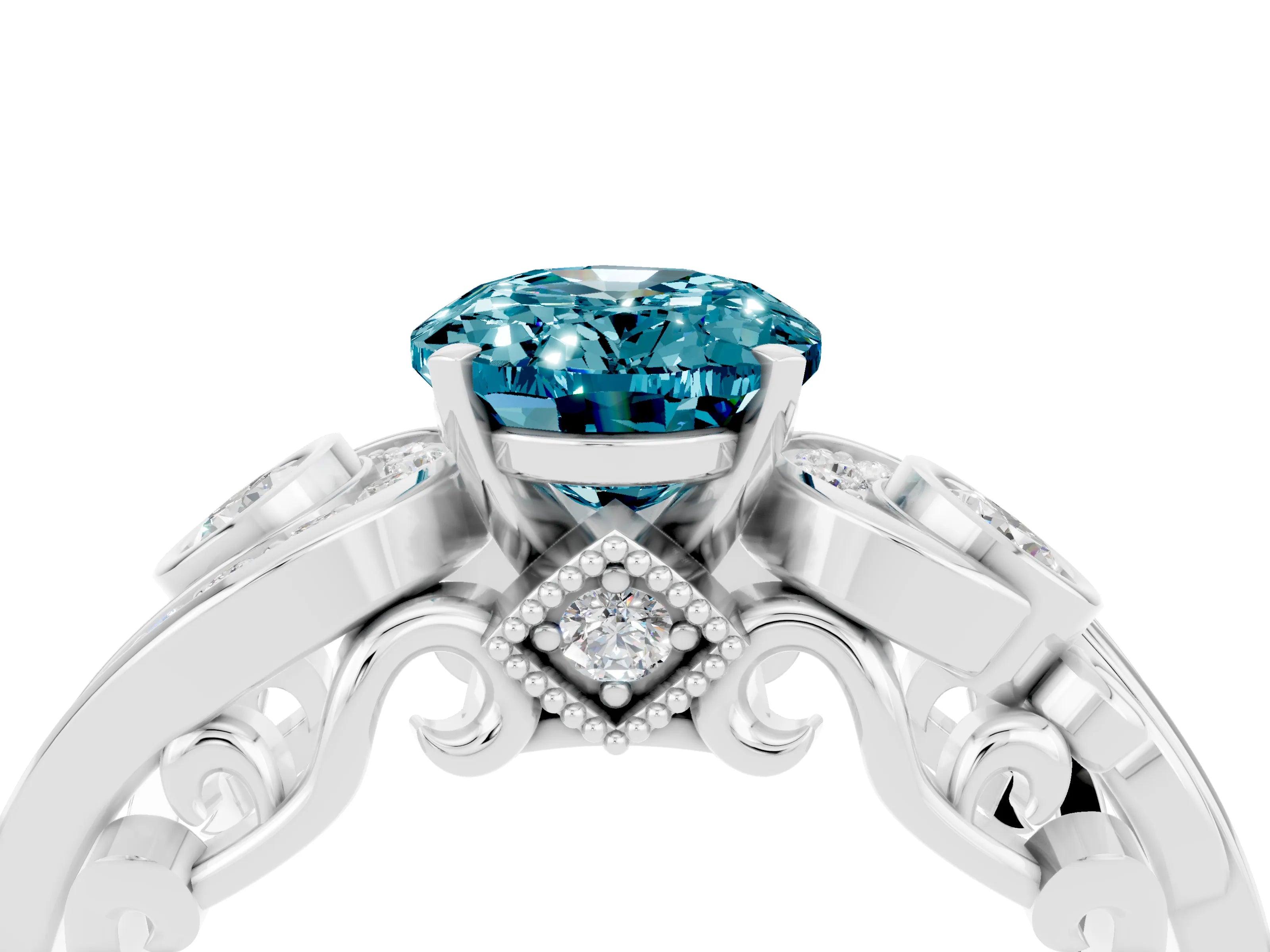 White gold Oval Cut Blue Topaz Solitaire Ring with Milgrain Pavé Band and Four-Prong Setting_52