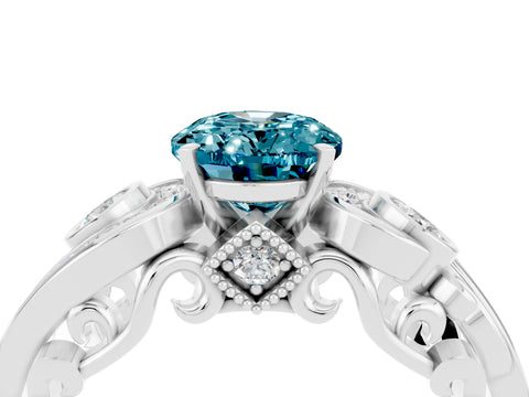 White gold Oval Cut Blue Topaz Solitaire Ring with Milgrain Pavé Band and Four-Prong Setting_52