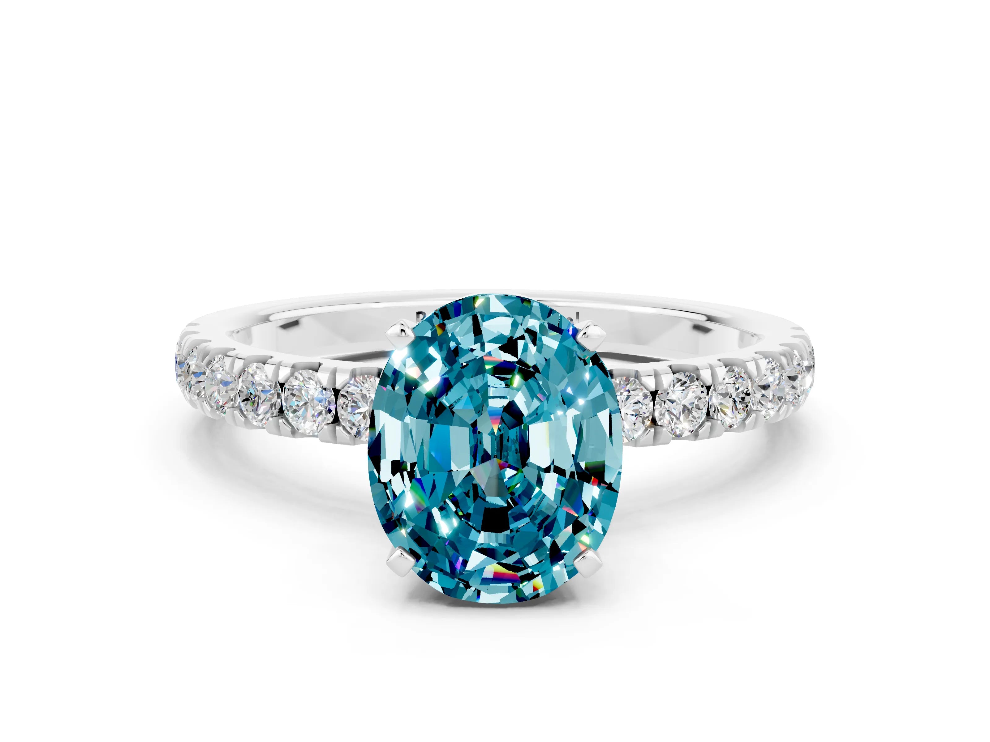 White gold Oval Cut Blue Topaz Solitaire Ring with Pavé Accents and Four-Prong Setting