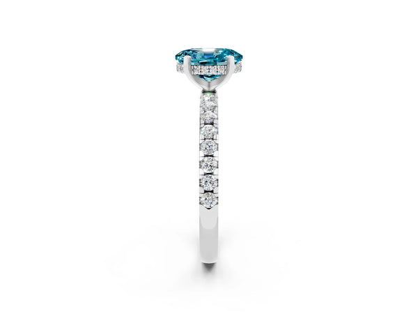 White gold Oval Cut Blue Topaz Solitaire Ring with Round  Pavé Band and Four-Prong Setting