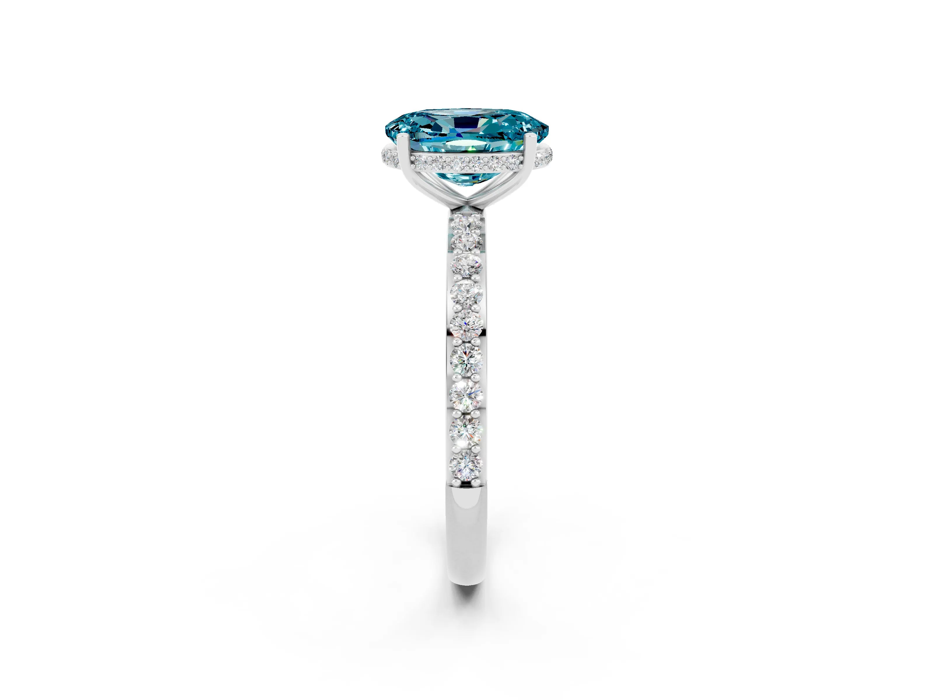 White gold Oval Cut Blue Topaz Solitaire Ring with Pavé Band and Hidden Halo_2
