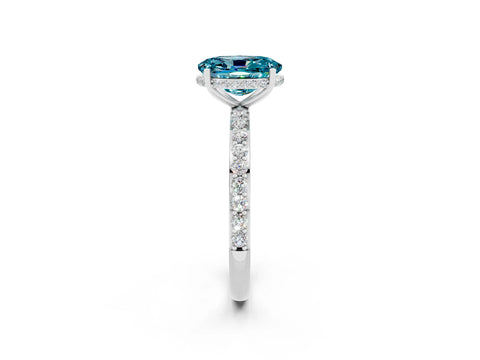 White gold Oval Cut Blue Topaz Solitaire Ring with Pavé Band and Hidden Halo_2