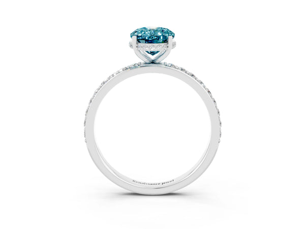Silver Oval Cut Blue Topaz Solitaire Ring with Pavé Band and Hidden Halo
