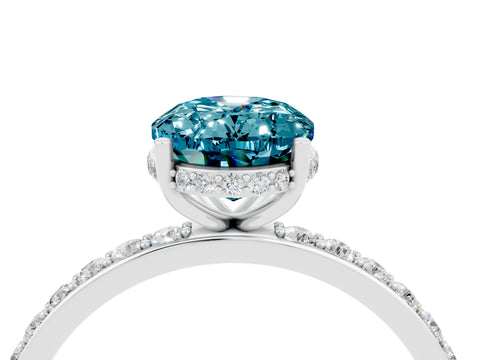 White gold Oval Cut Blue Topaz Solitaire Ring with Pavé Band and Hidden Halo_4