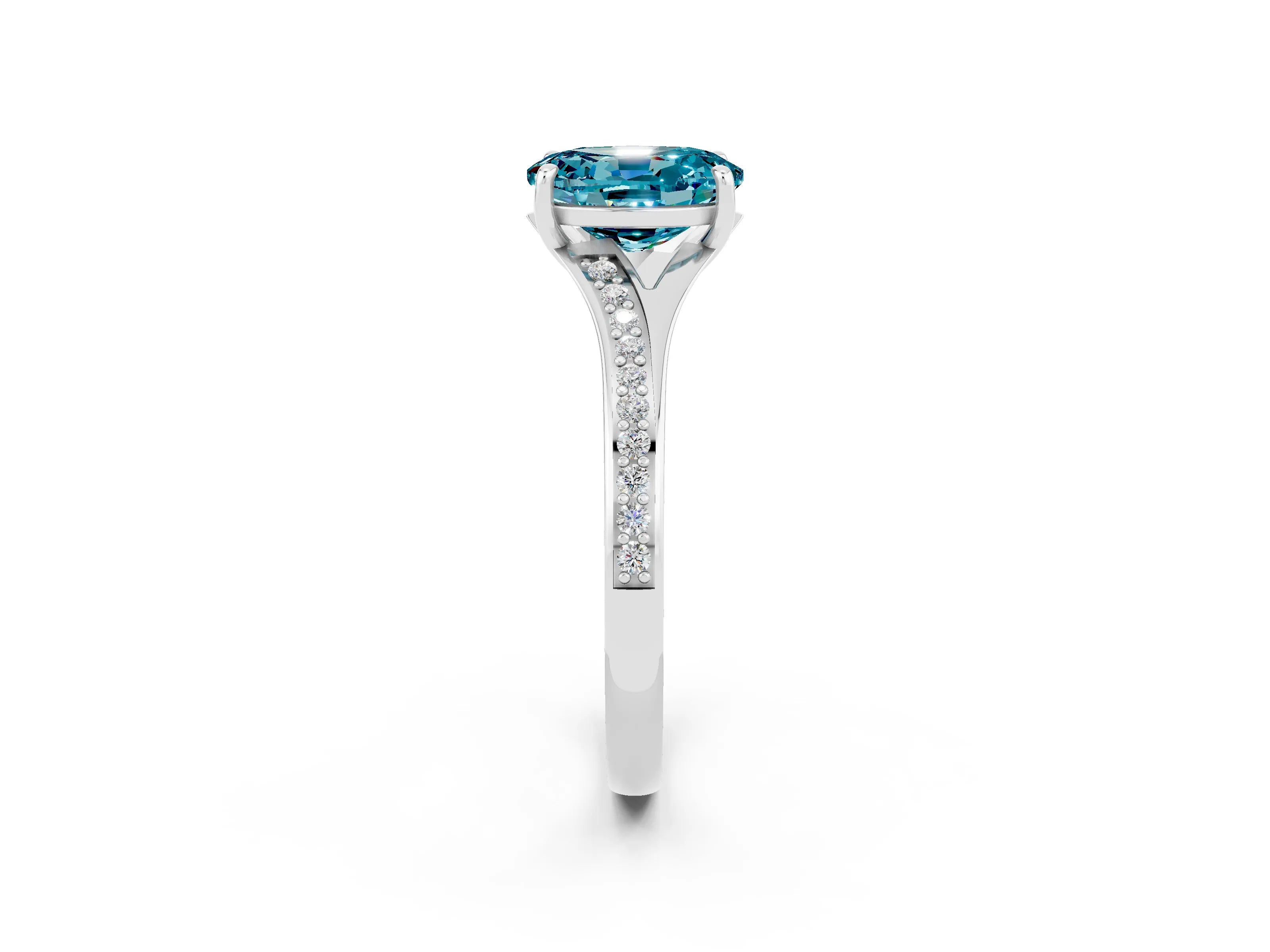 White gold Oval Cut Blue Topaz Solitaire Ring with Pavé Band and Prong Setting_14