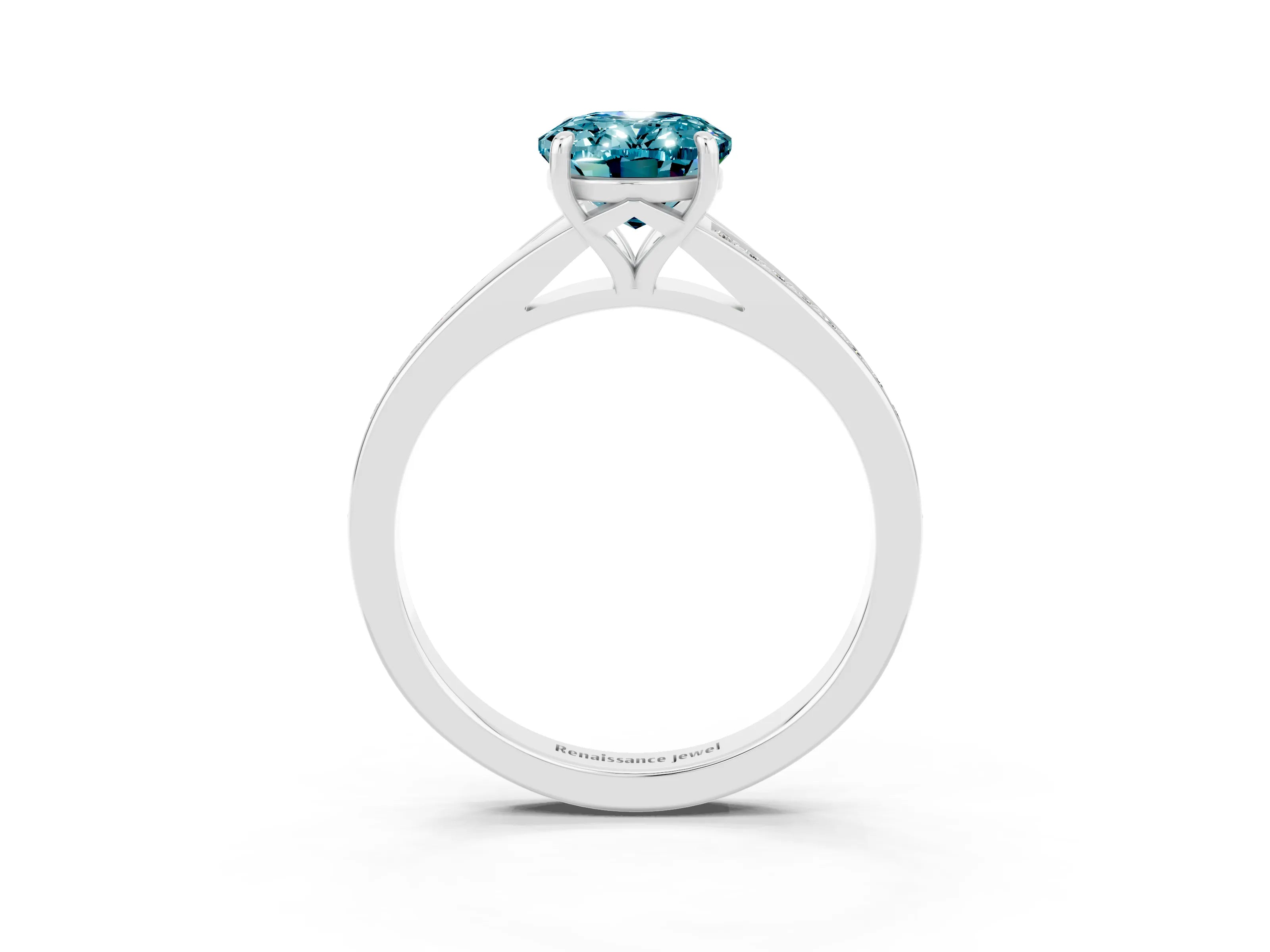 White gold Oval Cut Blue Topaz Solitaire Ring with Pavé Band and Prong Setting_15
