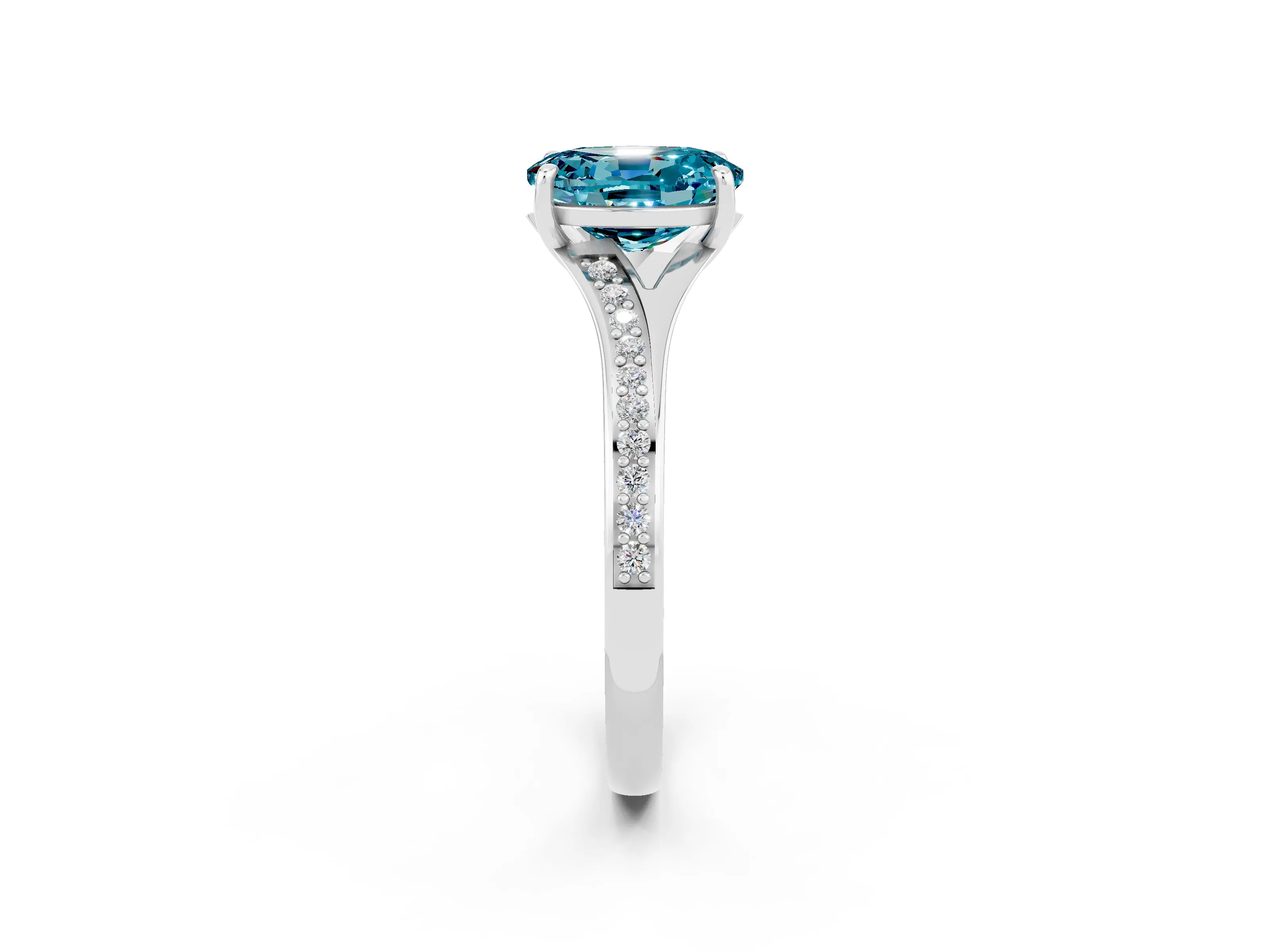 White gold Oval Cut Blue Topaz Solitaire Ring with Pavé Band and Prong Setting_2