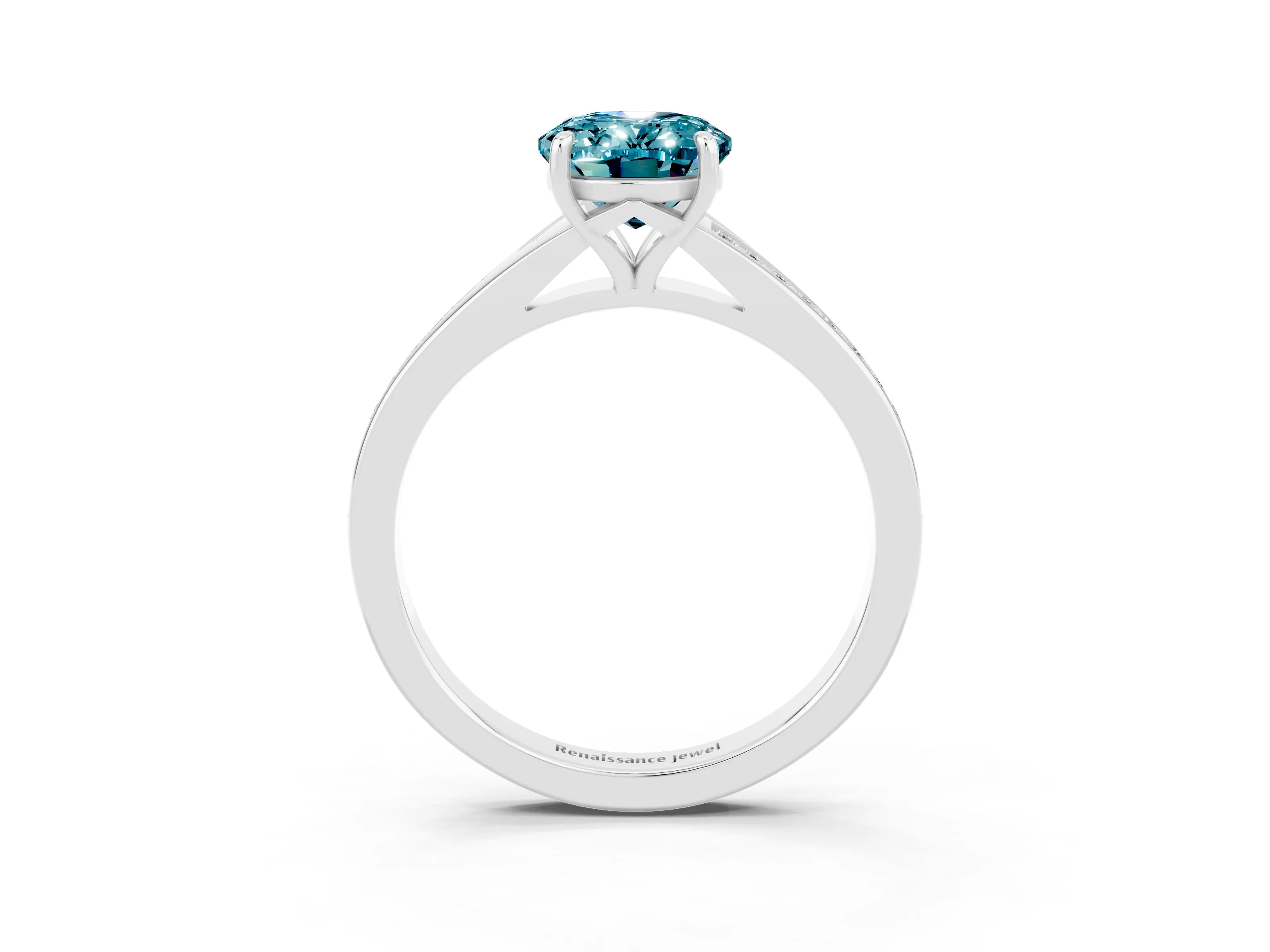 White gold Oval Cut Blue Topaz Solitaire Ring with Pavé Band and Prong Setting_3
