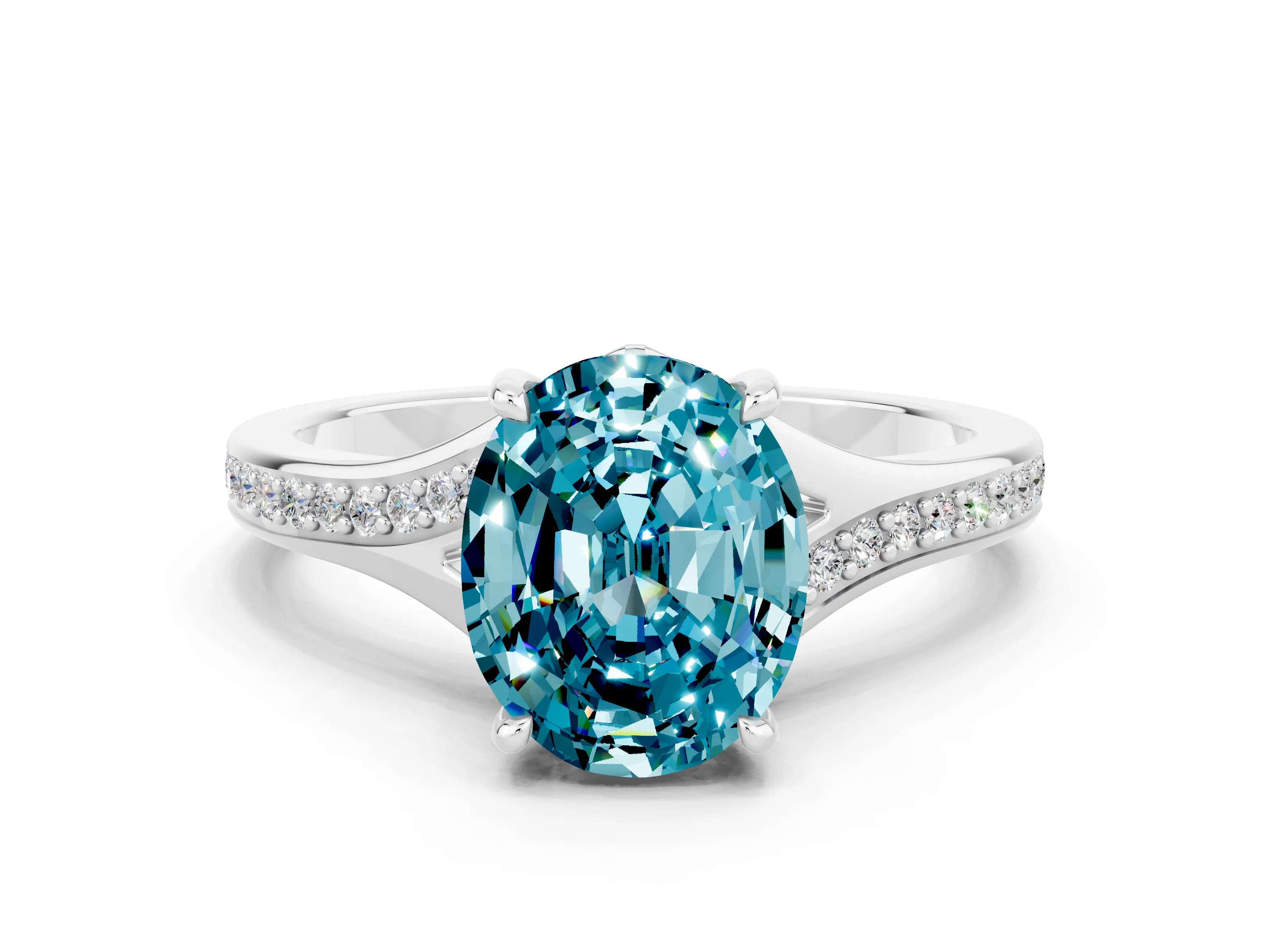 White gold Oval Cut Blue Topaz Solitaire Ring with Pavé Band and Prong Setting